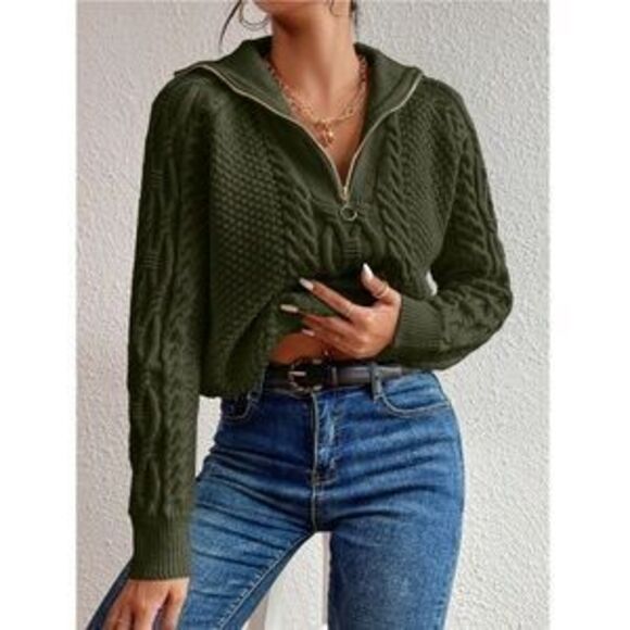 Sweaters - Army Green Cable Knit Zip Detail Pullover Sweater